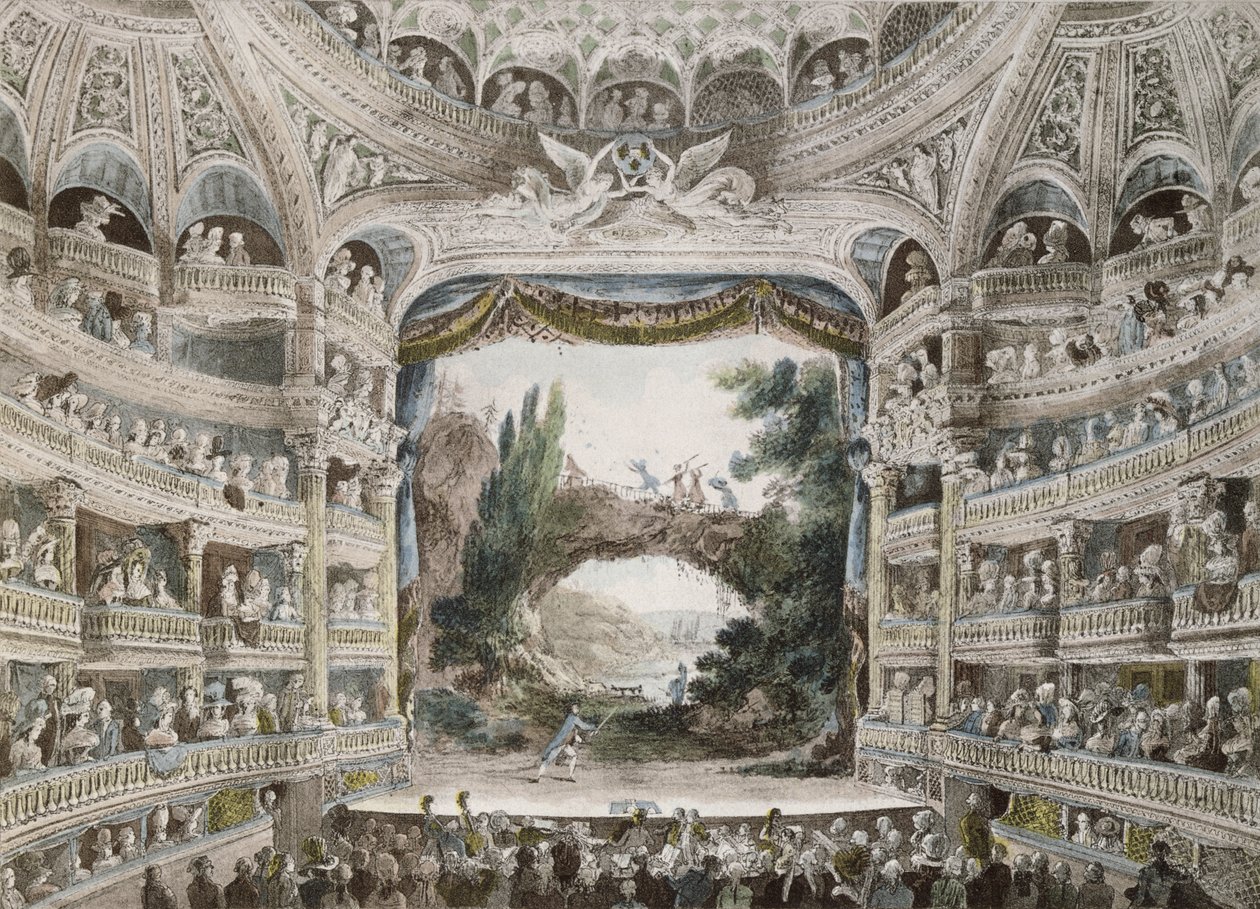 Interiør av Comedie Francaise Theatre i 1791, etter en original akvarell av French School