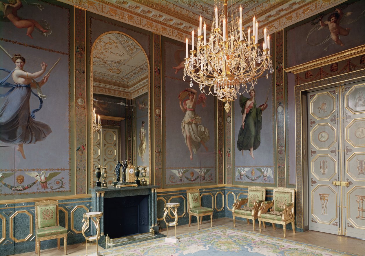 Interiør av musikkrommet i leiligheten til Hortense de Beauharnais (1783-1837) 1803-10 av French School
