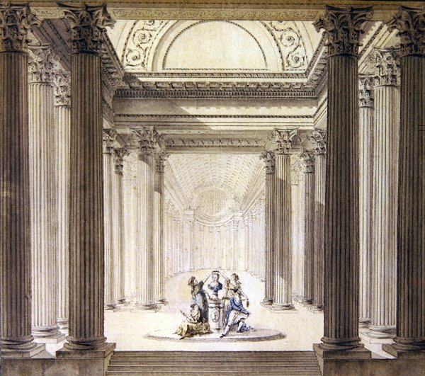 Interiør av dydens tempel, ca. 1770 (penn og blekk med akvarell på papir) av French School