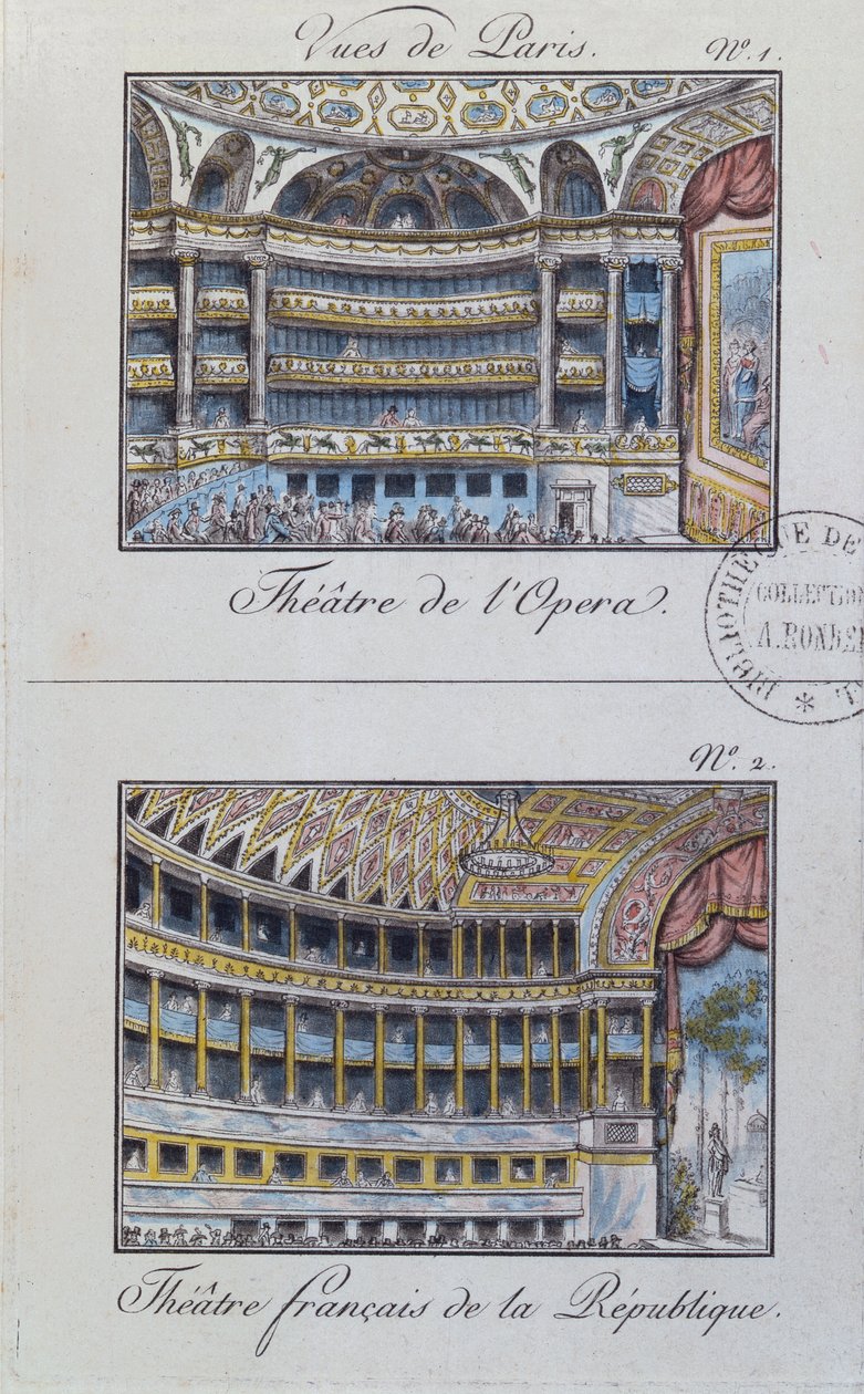 Interiør i Theatre de lOpera og Theatre de la Comedie Francaise, plate 1 fra Vues de Paris av French School