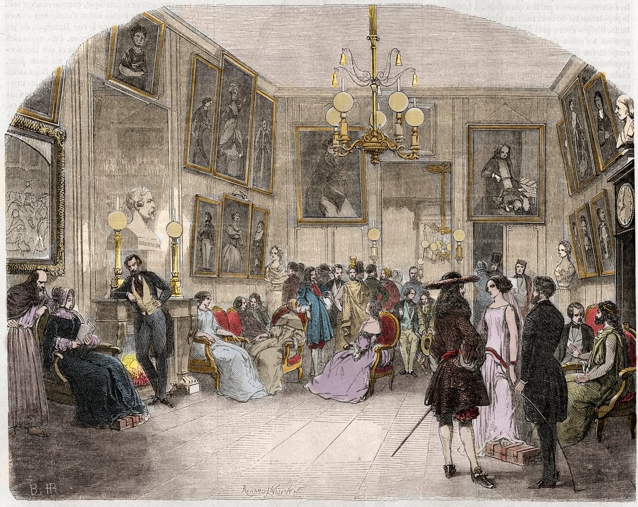 Innvendig utsikt over grøntrommet (Comedie Francaise i Paris) - Innvendig utsikt over kunstnernes foaje - Comedie Francaise - Gravering i "Tableau-de-Paris"" av Edmond Texier 1852 av French School