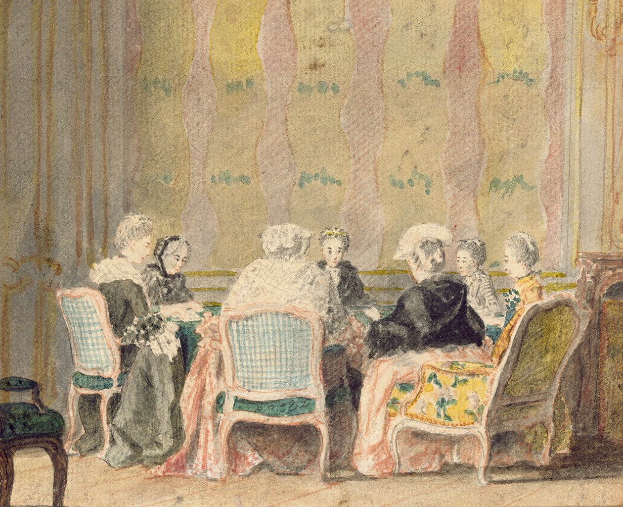 Interiør med damespillkort, 1770 (wc på papir) av French School