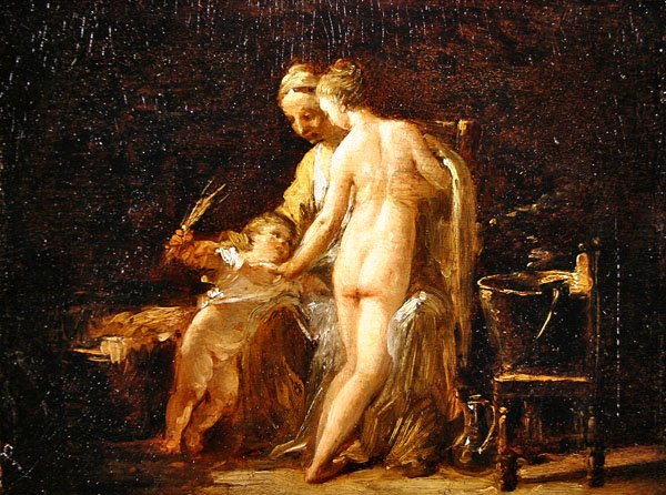 Interiør med en dame ved badet hennes, ca. 1800 (olje på panel( av French School