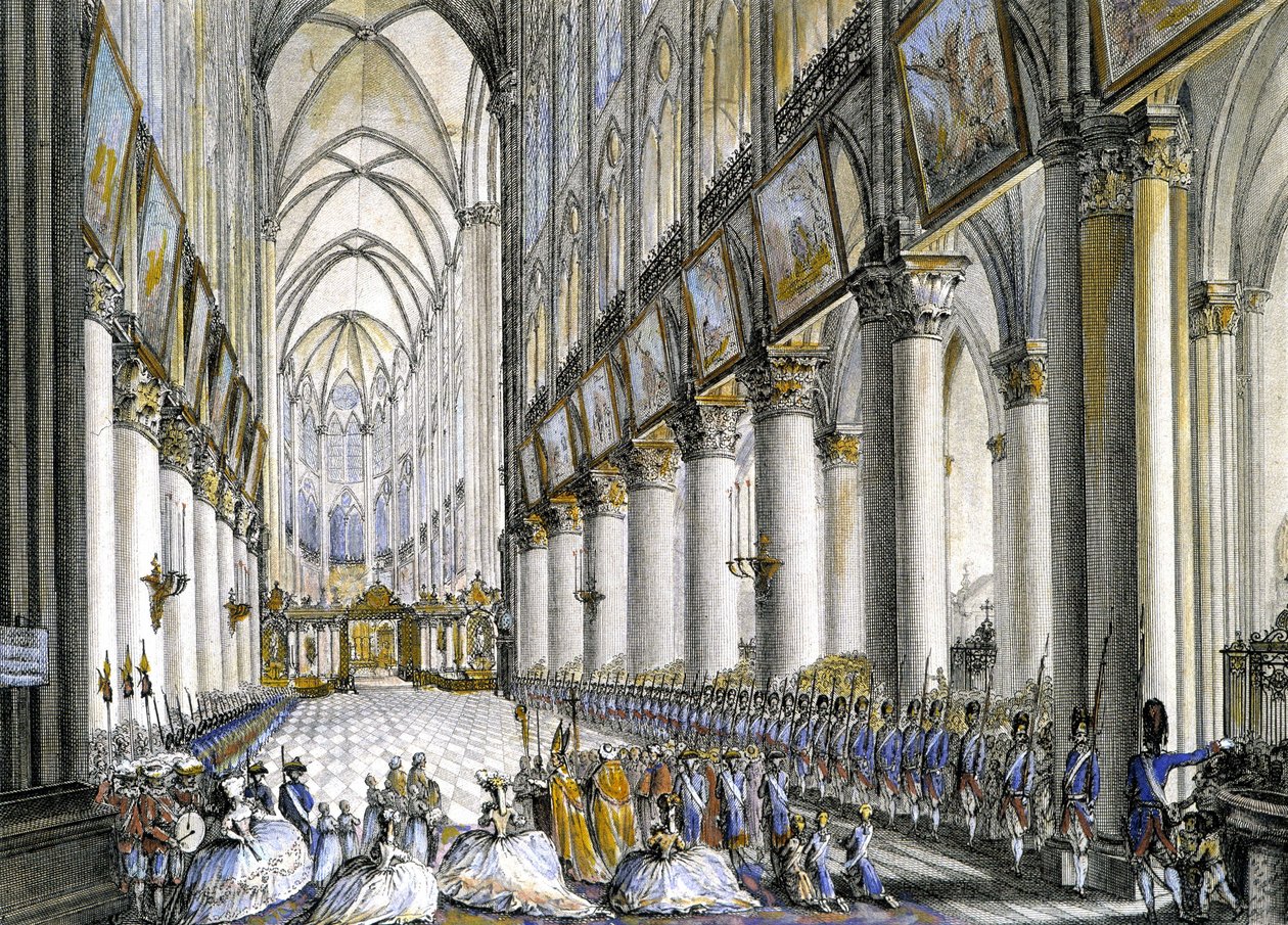 Innvendig utsikt over Notre-Dame de Paris, ved ankomsten til Marie Antoinette (1755-1793), dronning av Frankrike, for å delta på den berømte messen for fødselen av sønnen hennes, den fremtidige Louis XVII (1785-1795). Gravering 1700-tallet. av French School