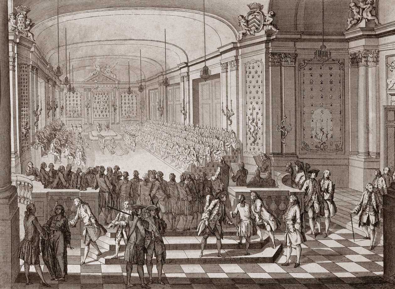 Intern utsikt over Jacobins Hall, i Nantes, under avholdelsen av De forente stater i Bretagne i 1764. av French School