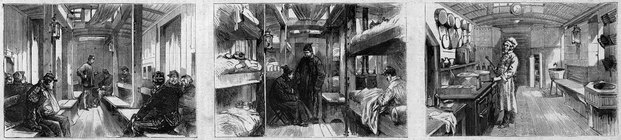 Internal view of the ambulance wagon and kitchen wagon of a medical train of the French Societe de secours aux wesses militaires. Engraving in “” Le Monde Illustré”” n°846 of 28 June 1873. av French School