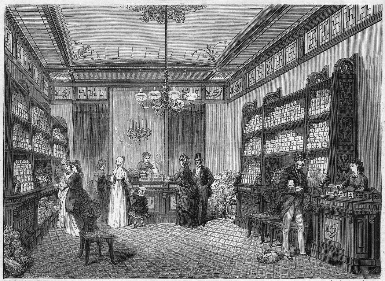 Innvendig utsikt over kaffebaren "Compagnie du Moka-Zanzibar", som ligger i Paris på 47, rue Vivienne. Gravering i "" Le Monde Illustré"" n°808 av 5. oktober av French School
