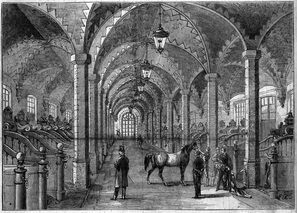 Innvendig utsikt over de keiserlige stallene ved Louvre, Paris av French School