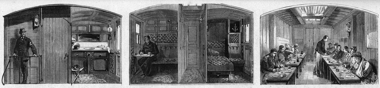 Innvendig visning av legevognen og matvognen til et medisinsk tog fra det franske Societe de secours aux weses militaires. Gravering i "" Le Monde Illustré"" nr. 846 av 28. juni 1873. av French School