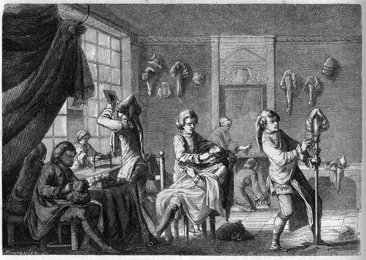 Innvendig visning av butikken til en fransk parykk under Louis XV (1700-tallet). Gravering av Dargent av French School