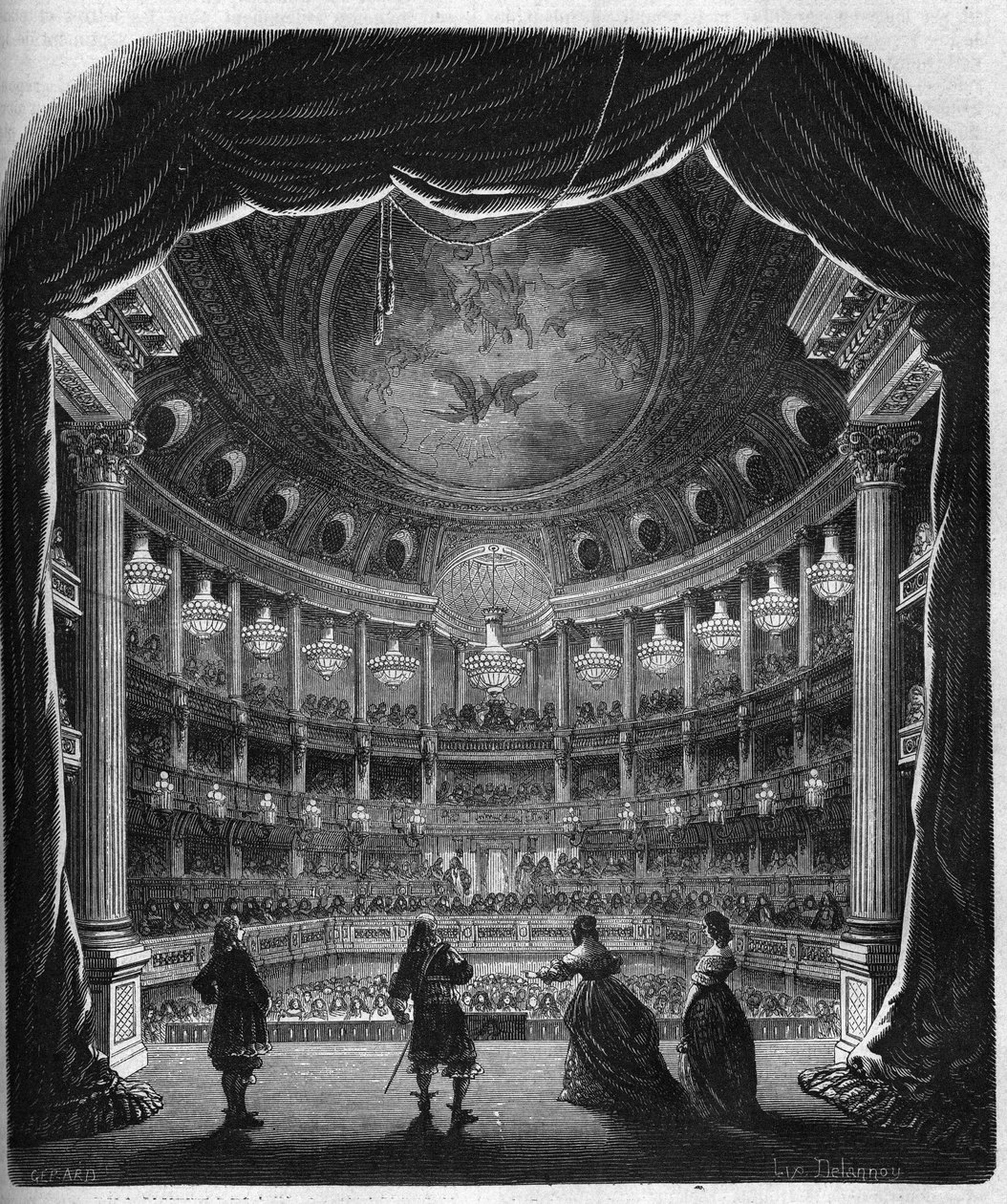 Innvendig utsikt over teateret til slottet i Versailles. Gravering fra 1867-1868. av French School