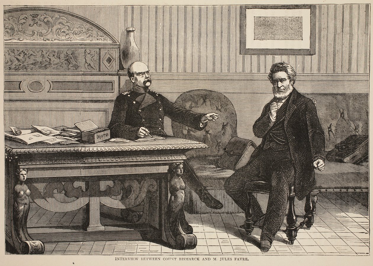 Intervju mellom grev Bismarck og M. Jules Favre, september 1870, illustrasjon fra Cassells History of the War between France and Germany, 1870-1871 av French School