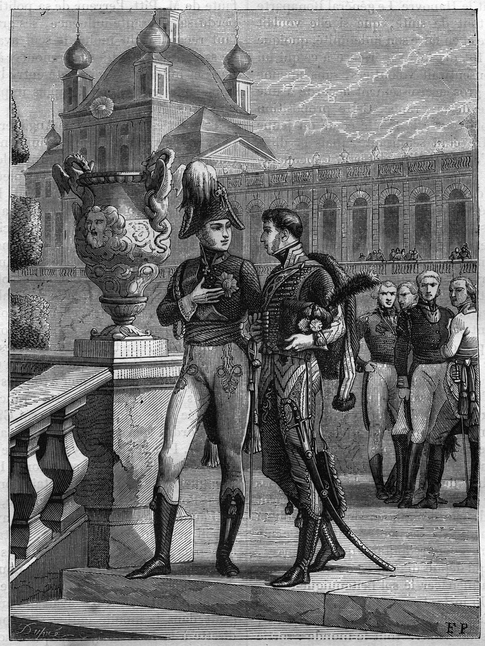 Intervju av Alexander I av Russland (1777-1825) og Michel Duroc (1772-1813) i St. Petersburg i april 1801 - Gravering av 1865 i "Histoire du Consulate et de la Empire" av Louis Adolphe Thiers - Samtale mellom keiser Alexander I av Russland (1777- av French School