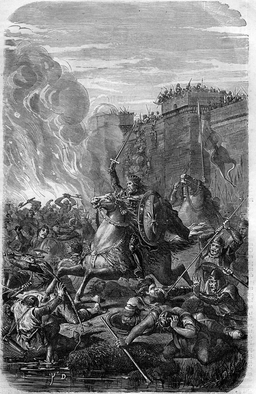 Invasjon og plyndring av Roma av Alarik I, kongen av vestgotene i 410. Gravering i "Histoire des Papes-Rois-Queen and Empereurs a travers les centuries" av Maurice Lachatre av French School