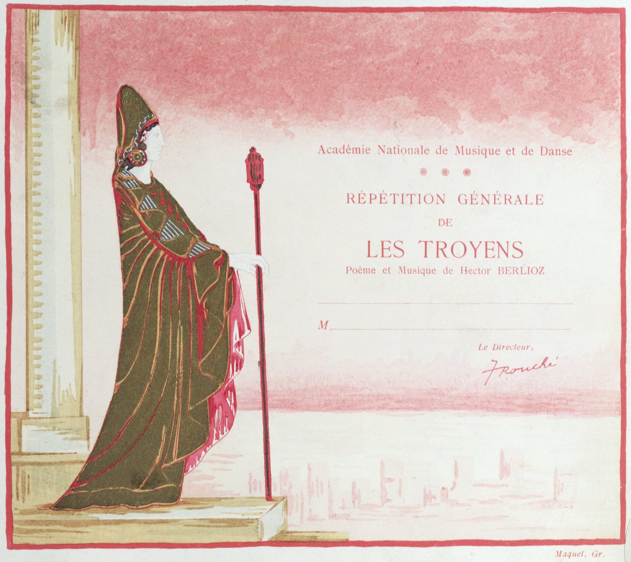 Invitasjon til en forestilling av Les Troyens (Trojanerne) komponert av Hector Berlioz (1803-69) ved Opera de Paris, 1921 av French School