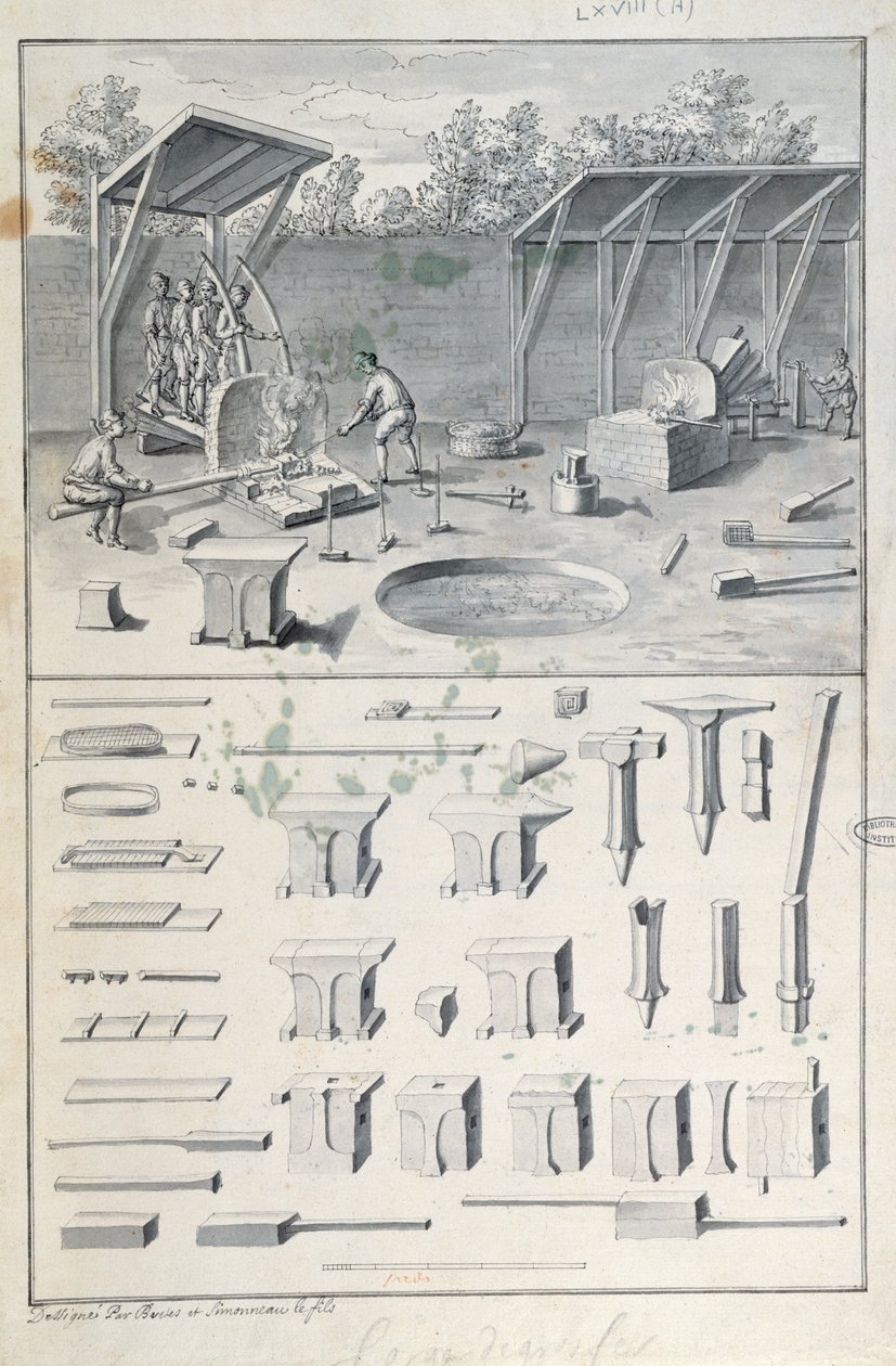 Jernsmie, tegning for Description des Arts et Métiers, av L. Simonneau, som inspirerte Diderot for Encyclopédie av French School