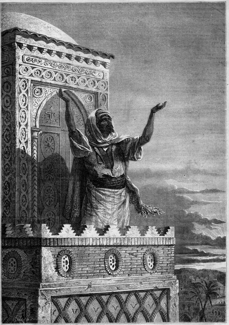 Islam: Muezzin kaller de troende til kveldsbønnen fra minareten i en moske i Afrika. Gravering i "" Le Monde Illustré"" nr. 297 av 20. desember 1862. av French School