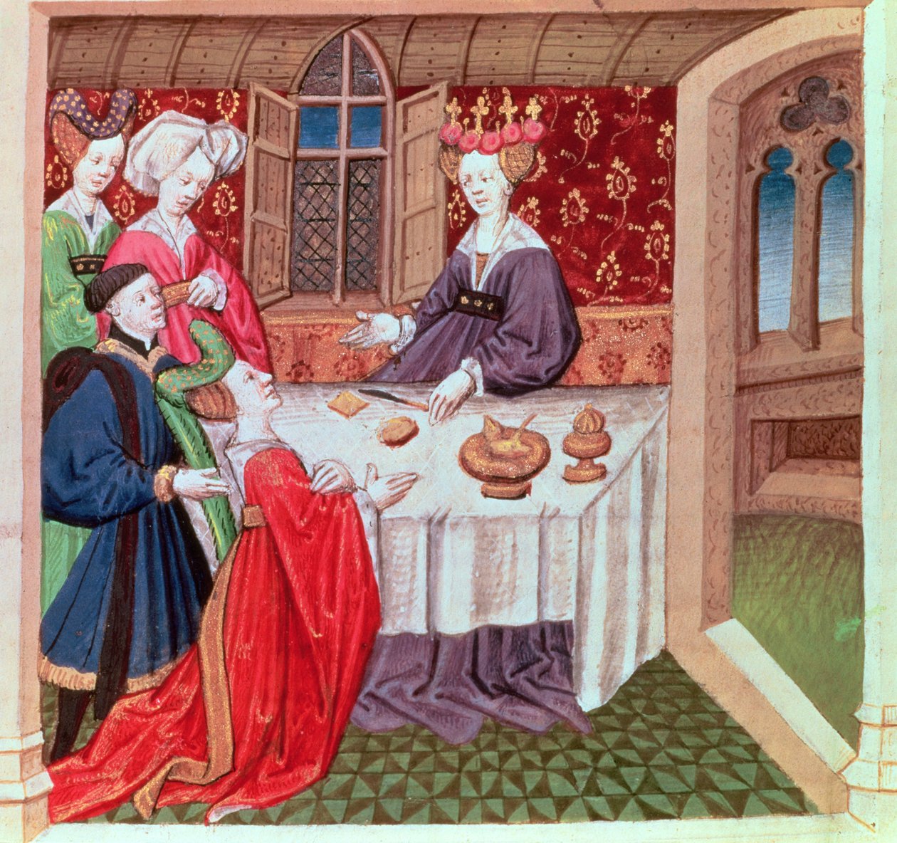 Isolde ber dronning Guinevere om beskyttelse, Roman du Chevalier Tristan av French School