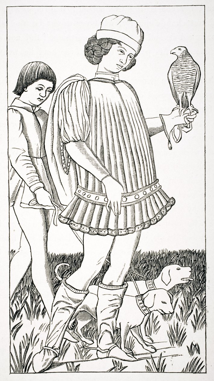 Italiensk adelsmann Holding a Hawk, etter et spillekort gravert på kobber, ca. 1460, fra 