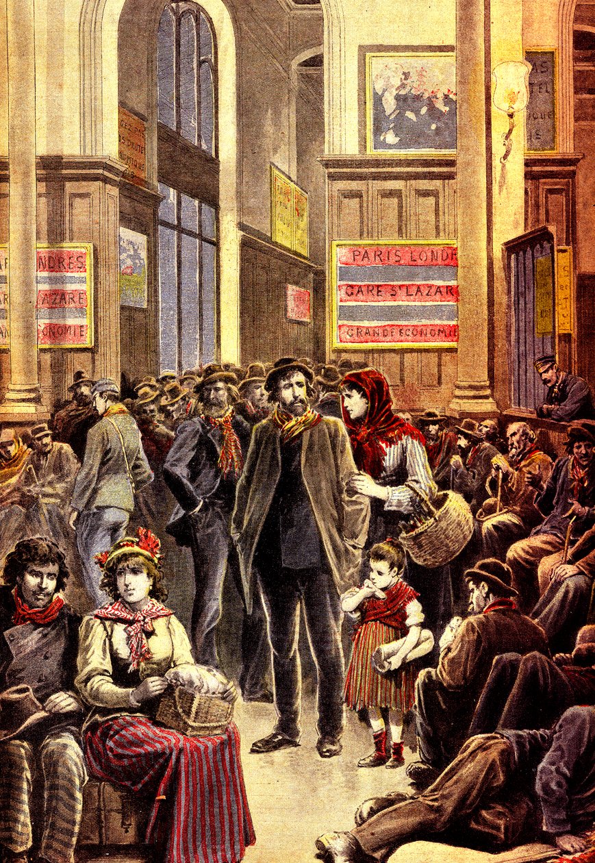 Italienske emigranter i Paris på Gare Saint Lazare jernbanestasjon i mars 1896 (gravering) av French School
