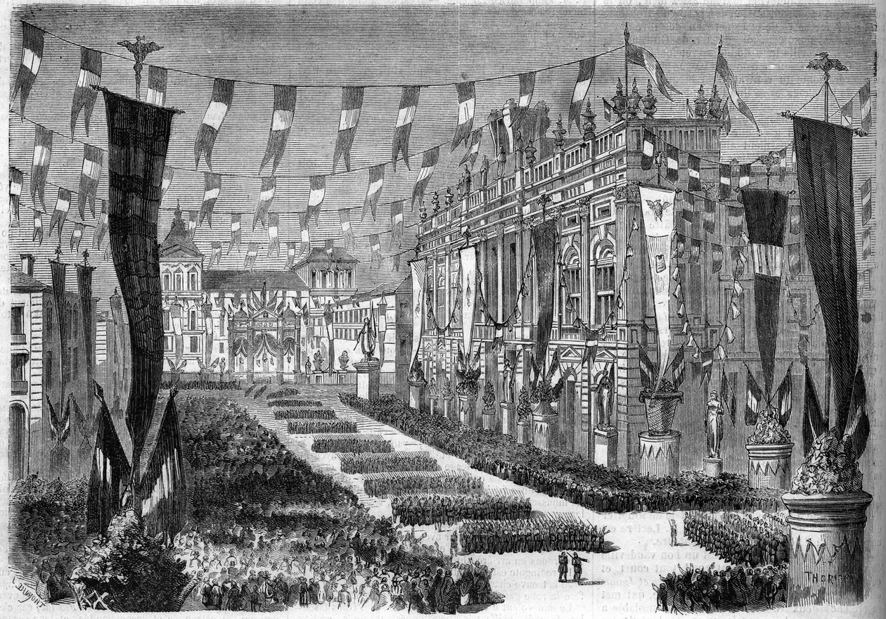 Italiensk forening, Torino, 2. april 1860: utsmykning av slottsplassen (Piazza Castello) i anledning åpningen av det italienske parlamentet. Gravering i "" Le Monde Illustré"" nr. 157 av 14. april 1860. av French School