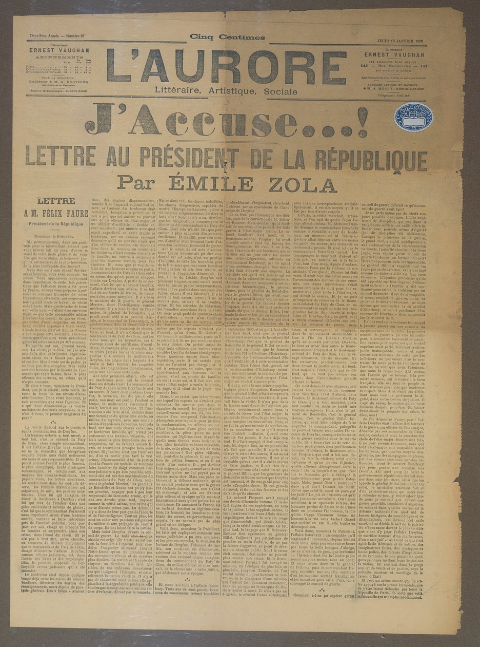JAnklagebrev av Emile Zola (1840-1902), publisert i LAurore, 13. januar 1898 (trykk) av French School