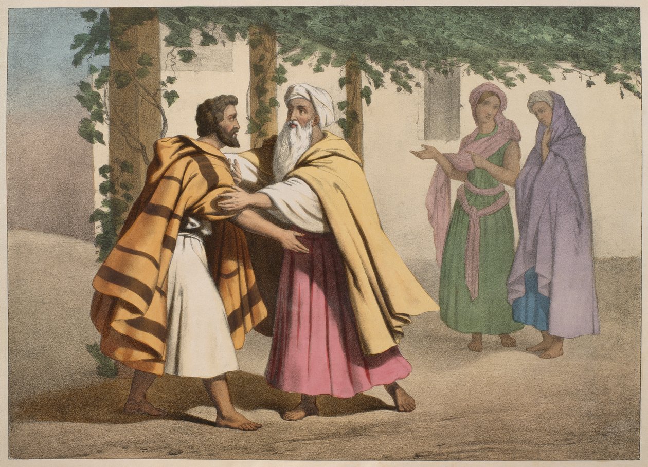 Jacob med Laban og døtrene hans, illustrasjon fra en katekisme LHistoire Sainte, utgitt av Charles Delagrave, Paris, sent på 1800-tallet av French School