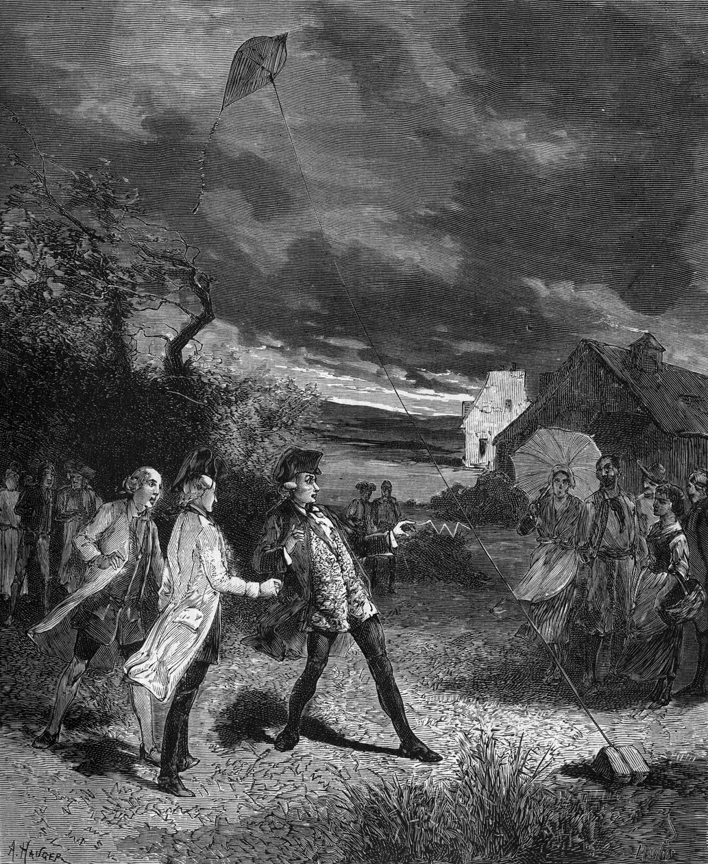 Jacques de Romas (1713-1776), fransk fysiker, eksperimenterte med en drage for å fange atmosfærisk elektrisitet i 1752. av French School