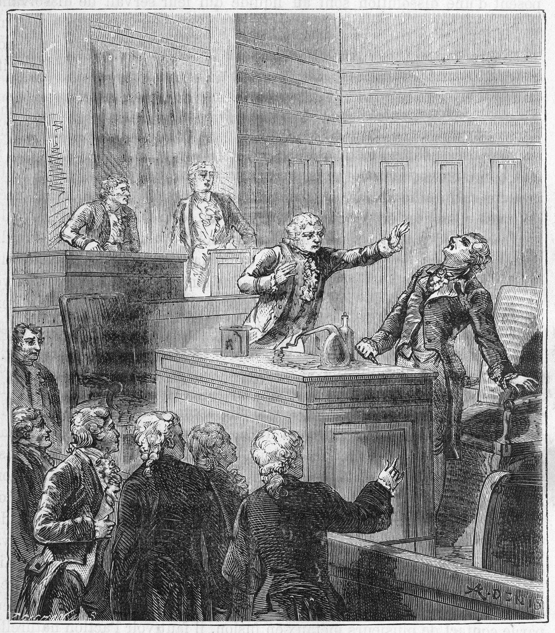 James Price (1752-1783) poisoned himself (Prussic acid) during the assembly of the Royal Society. Engraving in “” Sciences made available to all - physics and chemistry”” by Alexis Clerc - End of 19th century. Private collection. av French School