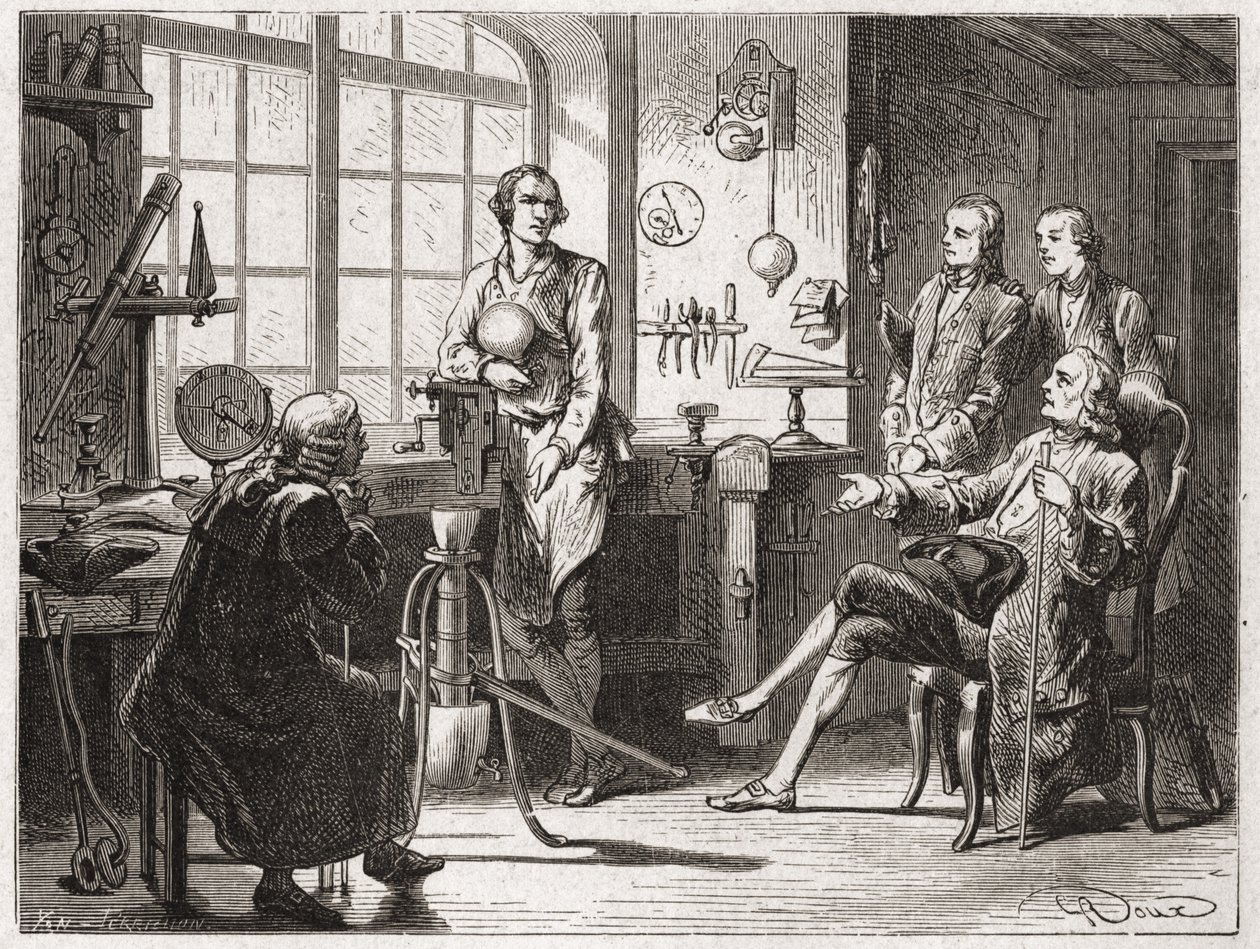 James Watt (oppfinner av dampmaskinen i 1769) i sin Glascow-butikk - i "" Album of Science; berømte vitenskapsmenn; Store funn""" 1896. av French School