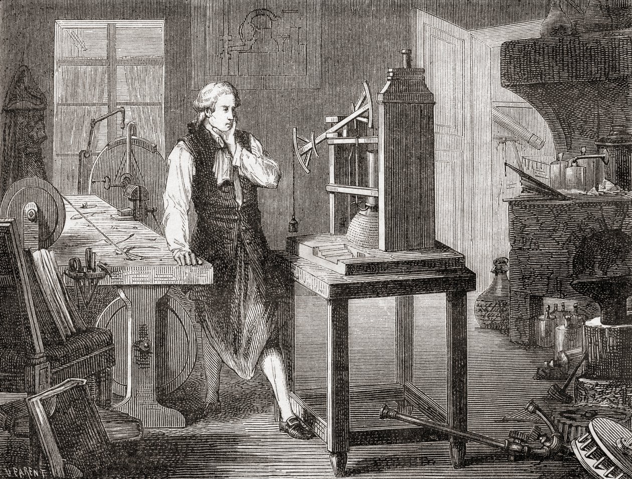 James Watt i sitt verksted i Glasgow forbedrer Thomas Newcomens 1712 Newcomen-dampmaskin med sin Watt-dampmaskin i 1781, fra Les Merveilles de la Science, pub.1870. av French School