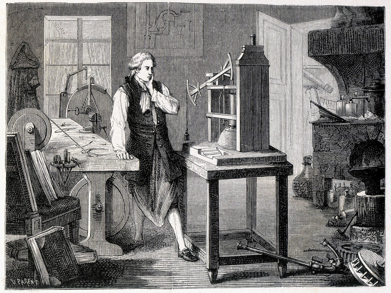 James Watt studerer perfeksjonen av Newcomens maskin (1767) - i "" Album of Science; berømte lærde; Store funn”” 1896. av French School