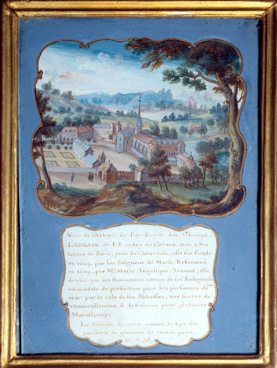 Jansenisme "" Perspektivutsikt over klosteret Port royal des champs"". Utsikt over klosteret Port-Royal-des-Champs). Anonym gouache fra 1700-tallet. Port Royal, Musee Des Granges. av French School