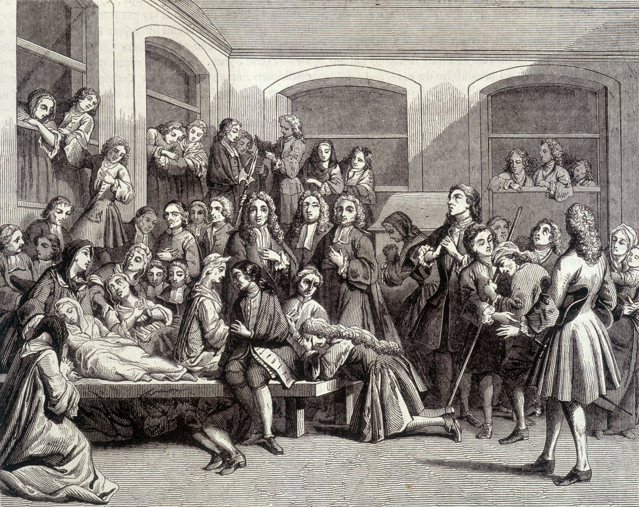 Jansenisme: krampetrekningene på kirkegården Saint-Médard på graven til diakon Parîs (1690 - 1727) hvor "mirakler" skjedde. 1700-tallstrykk. av French School