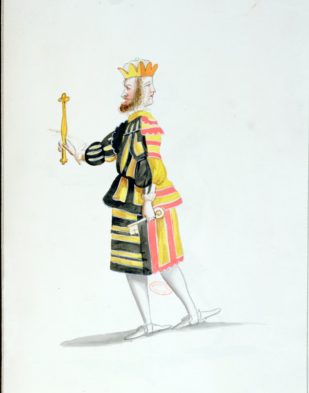 Janus-kostyme for Ballet de la Nuit av Jean-Baptise Lully (1632-87) danset av Louis XIV, 23. februar 1653 (wc på papir) av French School