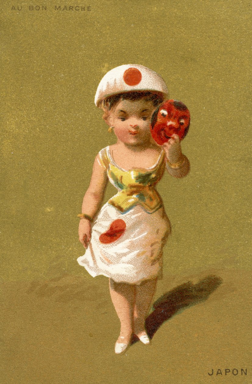 Japansk jente, fra en serie illustrasjoner av barn fra forskjellige land, produsert som salgsfremmende kort for Bon Marché Department Store i Paris, ca. 1890 av French School