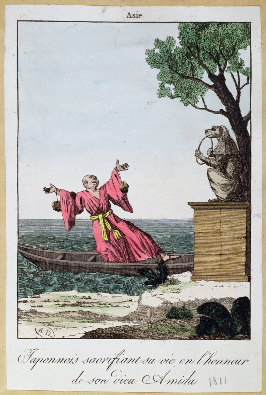 Japansk mann som ofrer livet til ære for guden Amida, 1811 (farge litho av French School