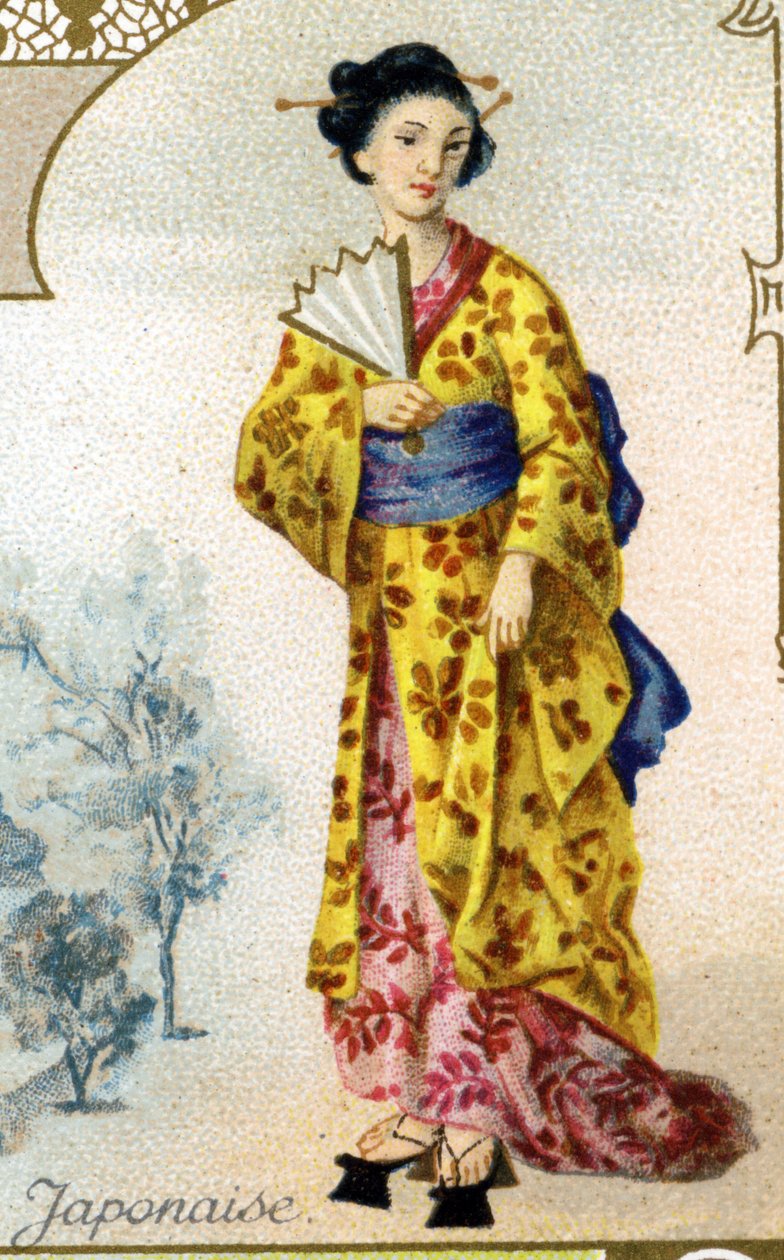 Japansk kvinne. Utgave den parisiske litografien, slutten av 1800-tallet. Serie med 25 reklamekromoer for Dijon-produksjonen av Biscuits Pernot, laget i 1869. Detalj av karakterene i tradisjonell drakt av French School