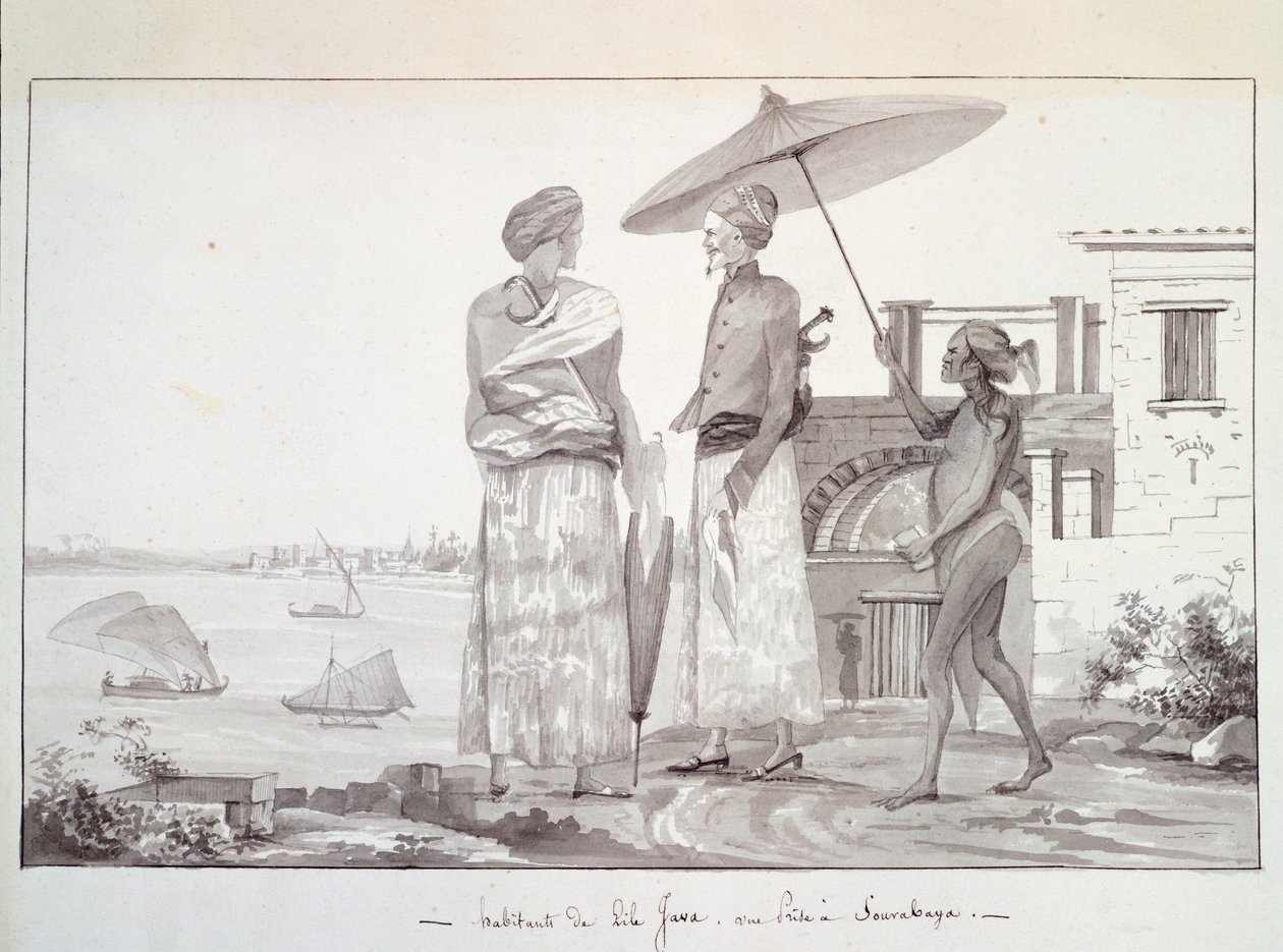 Java Island Inhabitants på vei til Surabaya, Illustrasjon fra Reise jorden rundt av Louis Isidore Duperrey, av L F Lejeune av French School