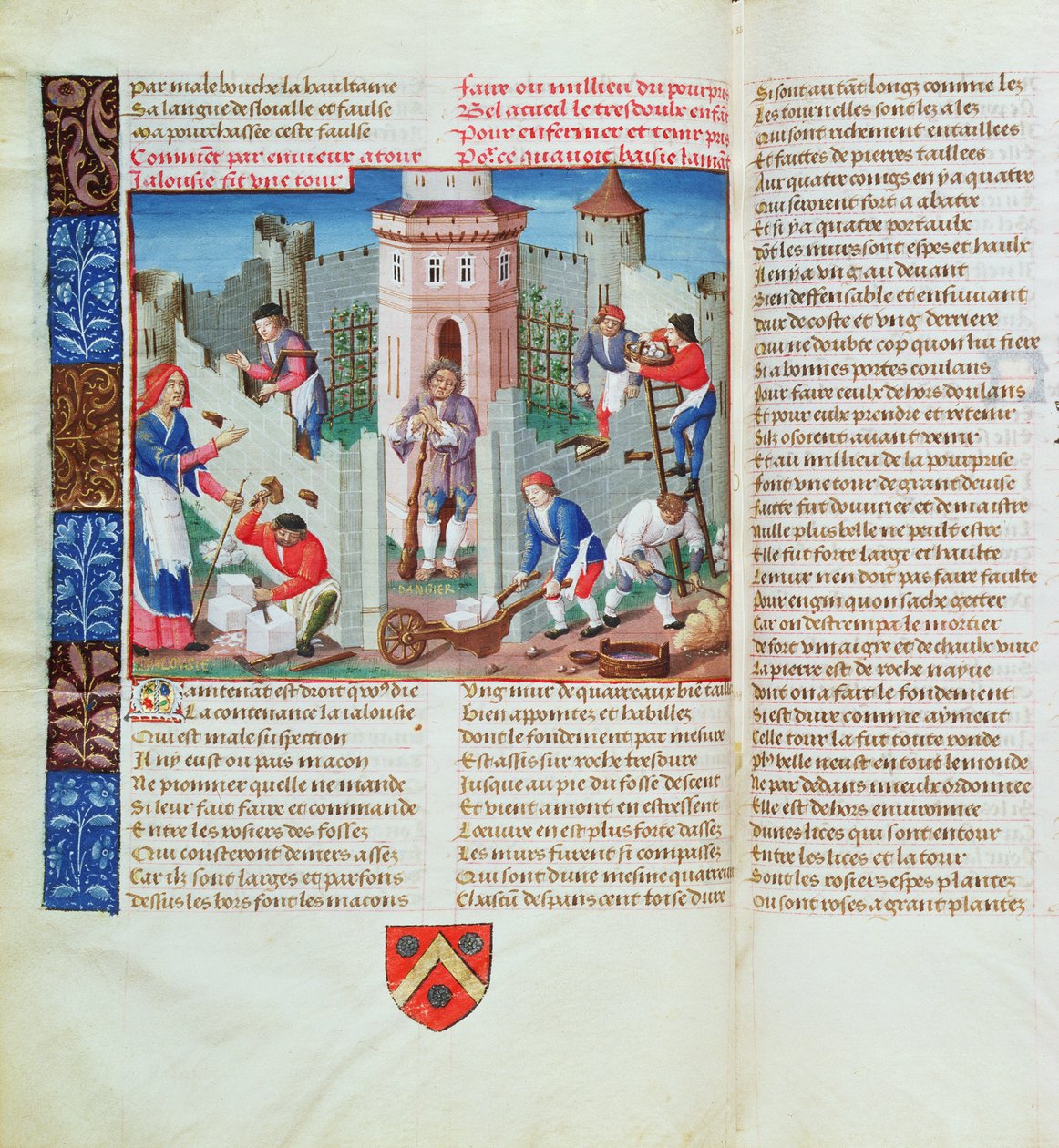 Sjalusi reiser en festning, fra Roman de la Rose (gouache på pergament) av French School