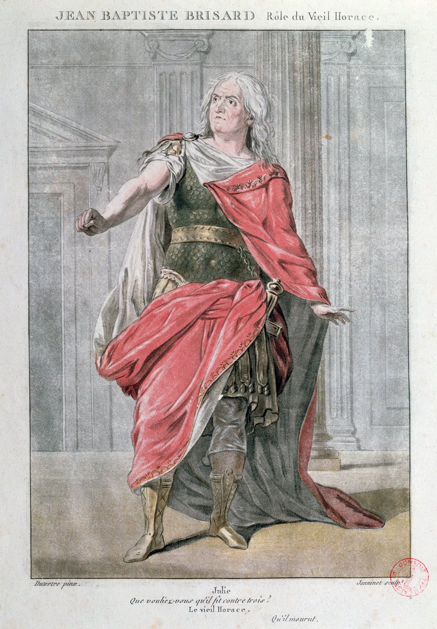 Jean Baptiste Brisard i rollen som Vieil Horace i tragedien Horace av Corneille (fargegravering) av French School
