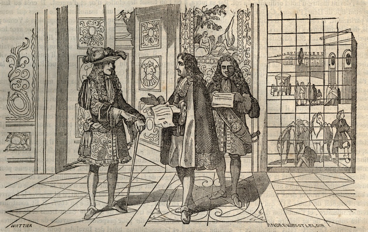 Jean Baptiste Colbert (Jean-Baptiste) (1619-1683) i møte med kong Ludvig XIV og Francois Louvois (1641-1691) i Versailles - gravering etter Leclerc - av French School