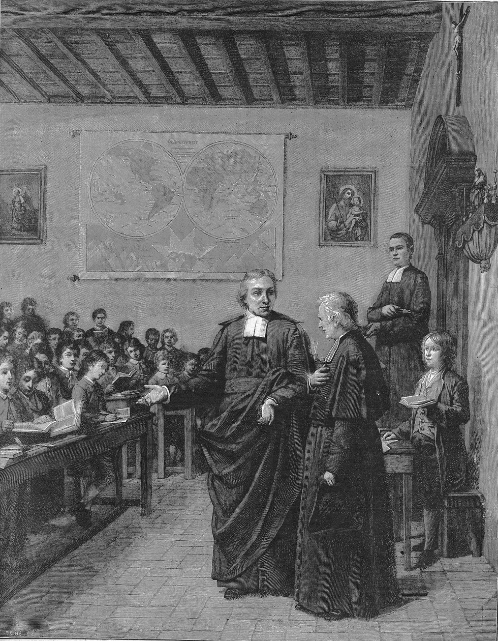 Jean Baptiste De La Salle (Jean-Baptiste) 1651-1719 Fransk religiøs, grunnlegger av kongregasjonen av brødrene til de kristne skolene, viser en av skolene sine til M de La Chetardie. Gravering fra slutten av 1800-tallet. av French School