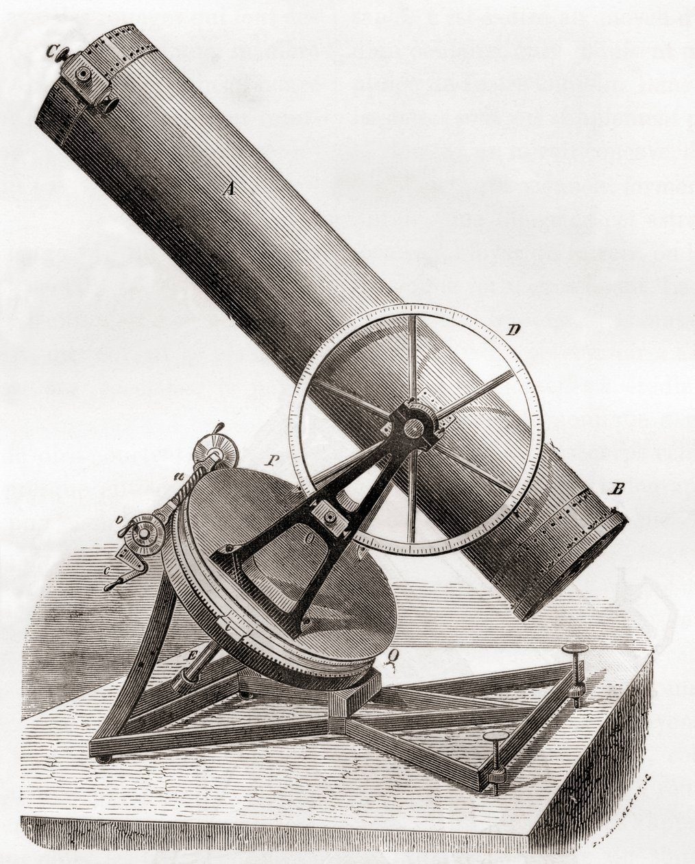 Jean Bernard Léon Foucaults speilreflekterende teleskop på en ekvatorial montering, etter en tegning fra 1800-tallet, fra Les Merveilles de la Science, publisert ca. 1870 (gravering) av French School