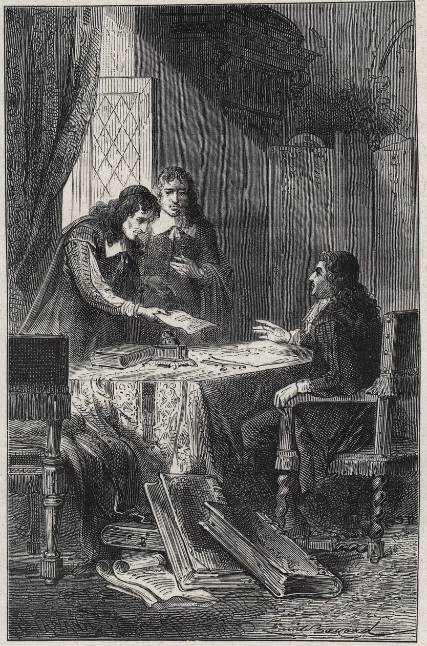 Jean Chapelain (1595-1674) fransk poet og litteraturkritiker og Pierre Costar (1603-1660) ga Jean Baptiste Colbert (1619-1683) en liste over forfattere som fortjener å bli pensjonister av kongen - gravering i «Les Hommes Celebres de la Frankrike» av Louis  av French School