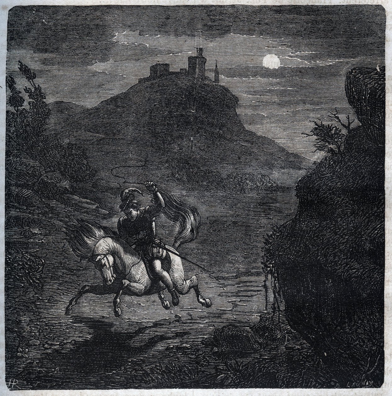 Jean de Laval Comte de Chateaubriant (Laval-Chateaubriant) (1486-1543) fled to England after having murdered his wife Francoise de Foix, Countess of Chateaubriant (ca. 1495-1537). Engraving from 1871 in “Histoire Des Cocus Celebres”” by Henry de Kock (1819 av French School