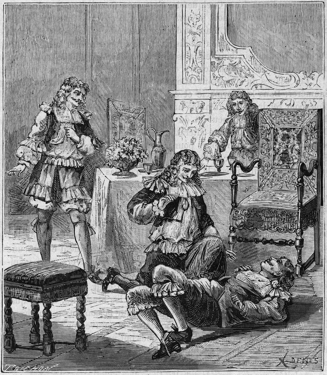 Jean de SANTEUL (Santeuil) (1630-1697) forgifter med et glass vin som tobakk fra Spania hadde blitt lagt i - Gravering i "Vitenskaper gjort tilgjengelig for alle - fysikk og kjemi"" av Alexis Clerc - Slutten av 1800-tallet - Privat samling av French School