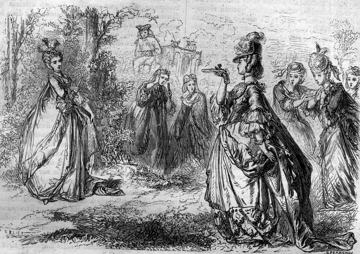 Jeanne Becu, Countess (or Madame) of the Barry (1743-1793)) favorite of Louis XV at the Pavilion of Lucienne. Engraving in “Histoire des papes-kings-queens-et-empereurs a travers les centuries”” by Maurice Lachatre av French School