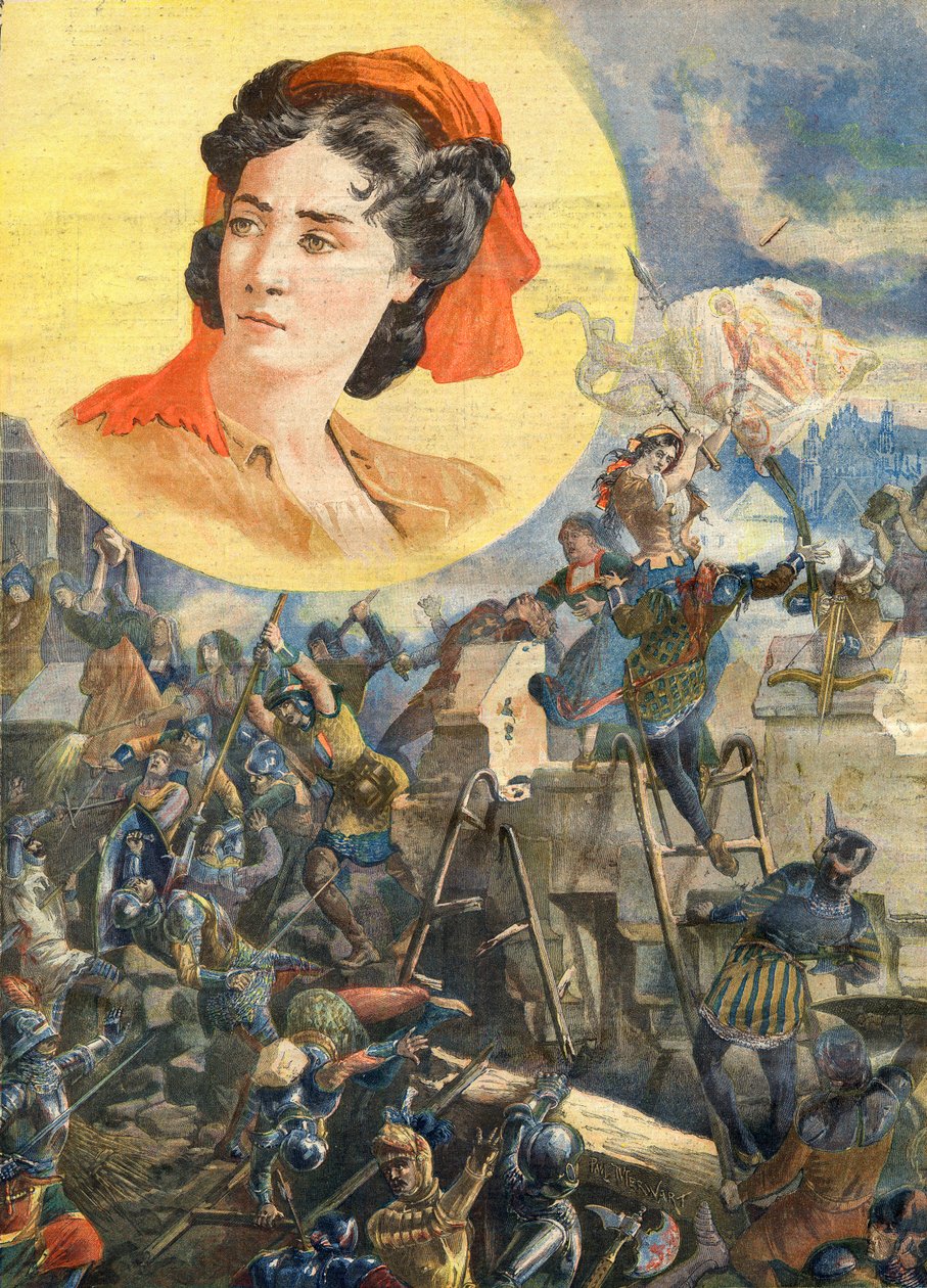Jeanne Laisne (1456-?) , known as Jeanne Fourquet, nicknamed Jeanne Hachette Heroine francaise - Jeanne Hachette at the Siege of Beauvais 1472 - Illustration for Le petit Journal, 8 January 1894 av French School