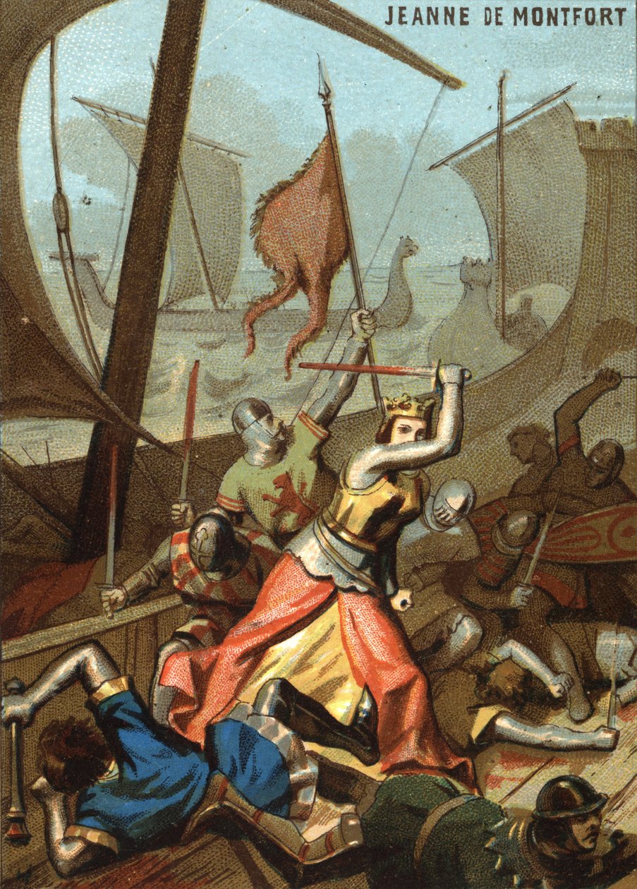 Jeanne de Montfort og La Bretagne (1342): Jeanne de Montfort støttet et sjøslag nær Guernsey. Kromolitografi av serien "" Patriotisk utdanning gjennom bilde"". av French School